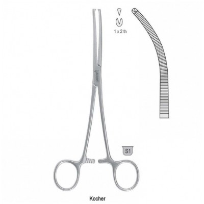 Зажим 145мм (BH.491.145) Kocher для артерий 1х2, изогнутый